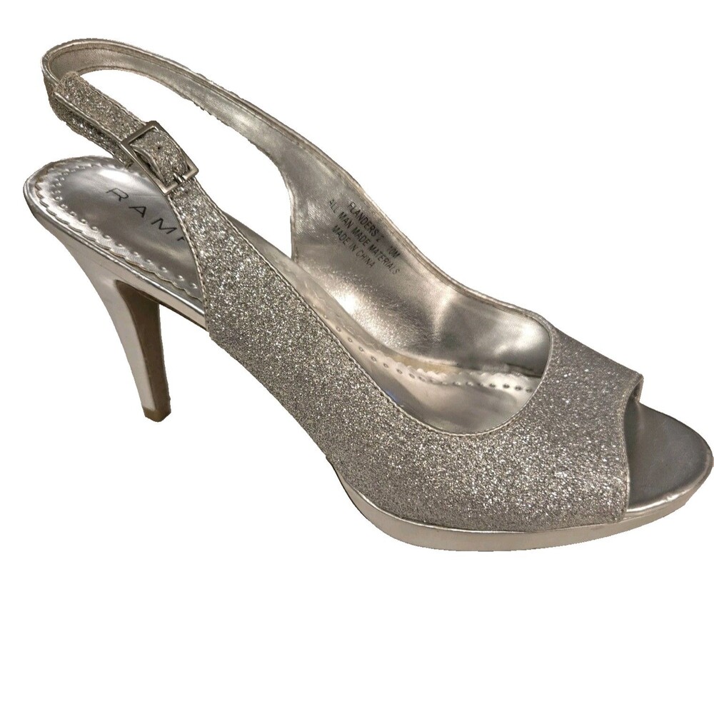 Rampage Y2K Silver Glitter Sling Back Peep Toe Stiletto Sz 10 Glam Party Sparkly